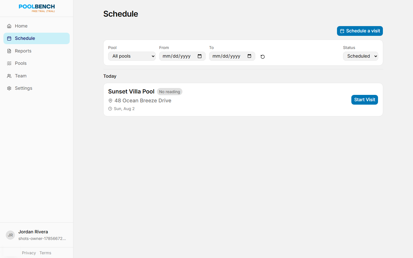 Poolbench schedule page listing today's visits