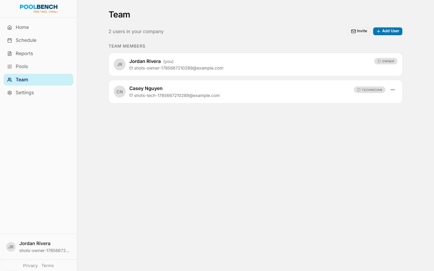 Poolbench team page listing company members and roles