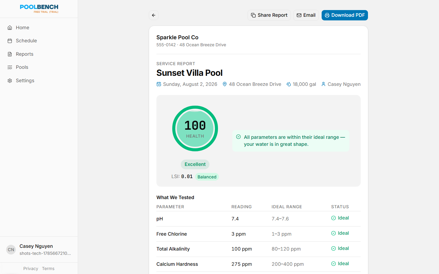 Shareable service report with health score, readings, and QR code